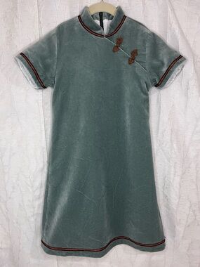 Papo d'Anjo Green Velvet Mandarin Collar Short Sleeve Dress 12 Years